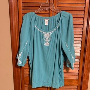 Hannah Turquoise Blouse with White Embroidery